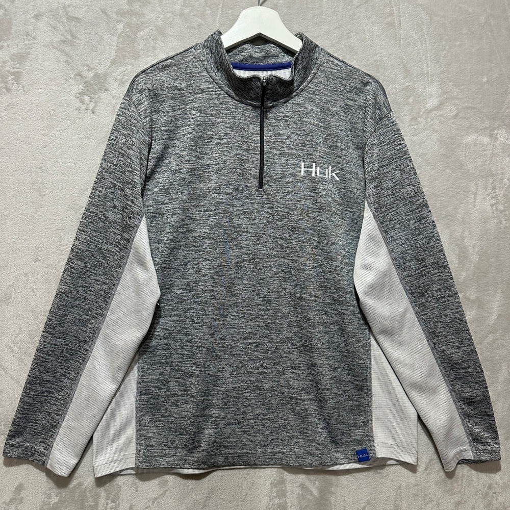 Huk Fishing Mens Large Gray Heathered Quarter Zip Performance Pullover Shirt